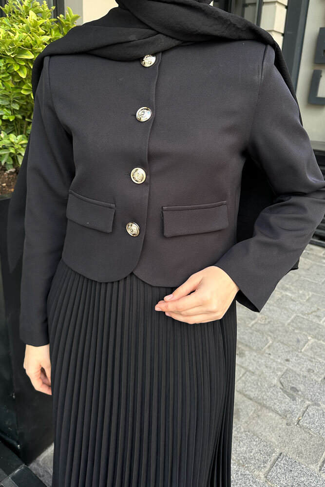 Gold Düğmeli Şık Etek Takım - Siyah - HENZA (4)