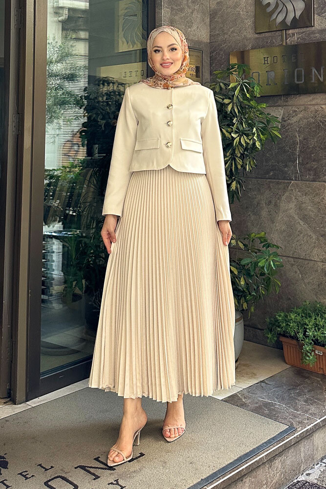 Gold Düğmeli Şık Etek Takım - Taş Rengi - HENZA (5)