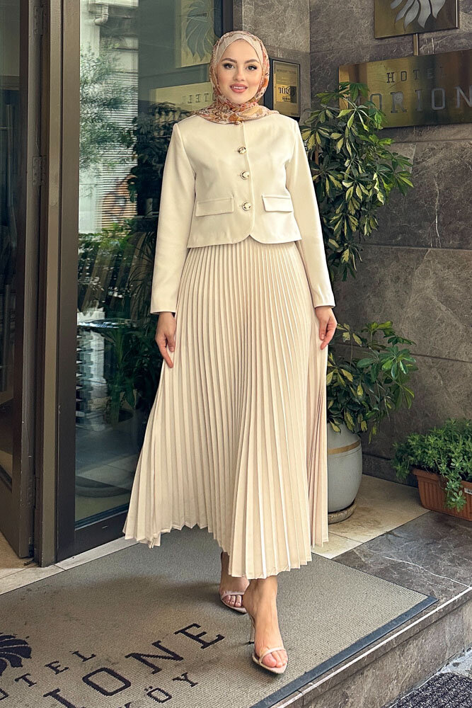 Gold Düğmeli Şık Etek Takım - Taş Rengi - HENZA (3)