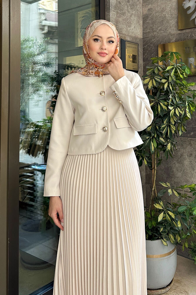 Gold Düğmeli Şık Etek Takım - Taş Rengi - HENZA (4)