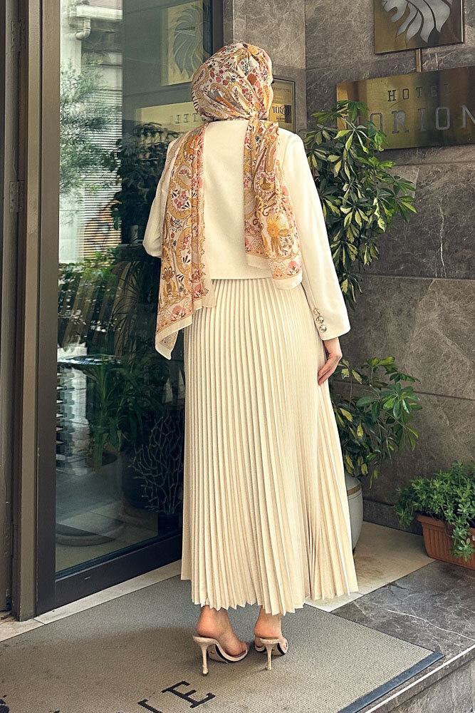 Gold Düğmeli Şık Etek Takım - Taş Rengi - HENZA (2)