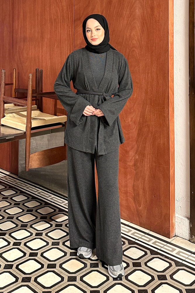 Harmony Örme Kuşaklı Hırka Pantolon Takım - Antrasit - 1