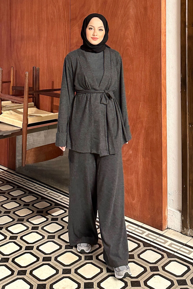 Harmony Örme Kuşaklı Hırka Pantolon Takım - Antrasit - 8