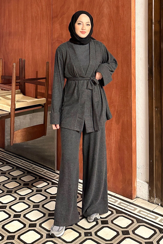 Harmony Örme Kuşaklı Hırka Pantolon Takım - Antrasit - 4