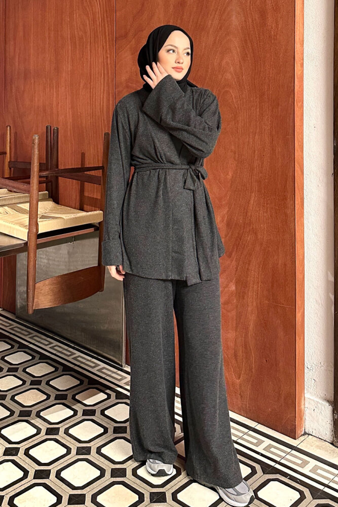 Harmony Örme Kuşaklı Hırka Pantolon Takım - Antrasit - 7