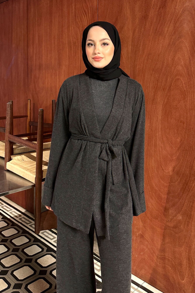 Harmony Örme Kuşaklı Hırka Pantolon Takım - Antrasit - 2