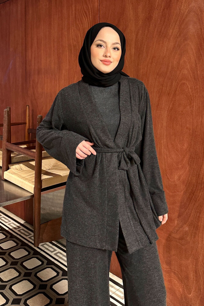 Harmony Örme Kuşaklı Hırka Pantolon Takım - Antrasit - 6