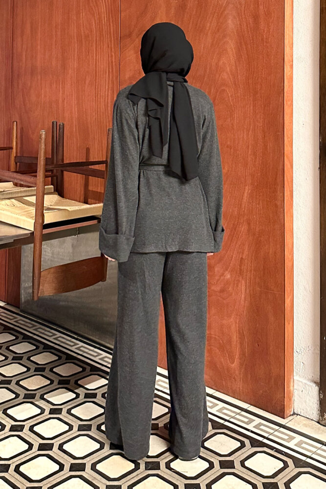 Harmony Örme Kuşaklı Hırka Pantolon Takım - Antrasit - 5