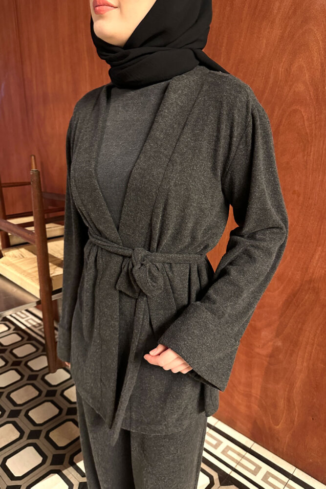 Harmony Örme Kuşaklı Hırka Pantolon Takım - Antrasit - HENZA (2)