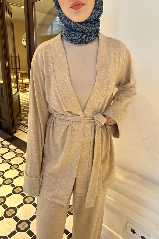 Harmony Örme Kuşaklı Hırka Pantolon Takım - Bej - 5