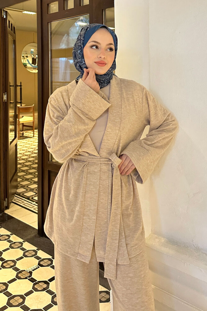 Harmony Örme Kuşaklı Hırka Pantolon Takım - Bej - 2