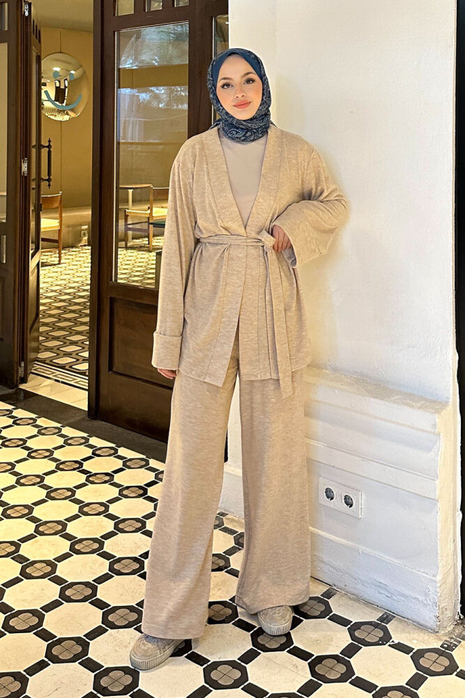 Harmony Örme Kuşaklı Hırka Pantolon Takım - Bej - 4