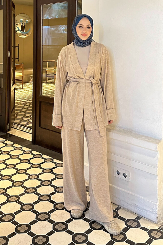 Harmony Örme Kuşaklı Hırka Pantolon Takım - Bej - HENZA (0)