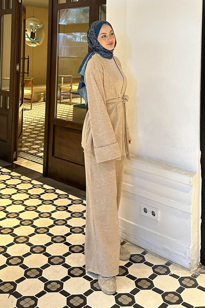 Harmony Örme Kuşaklı Hırka Pantolon Takım - Bej - 3