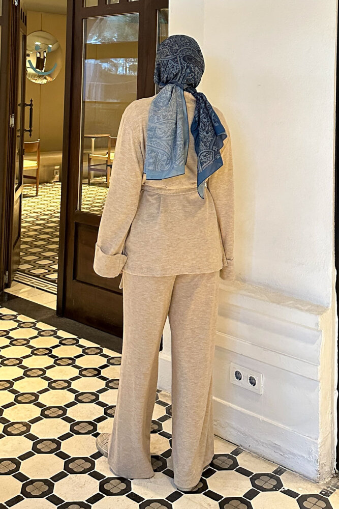 Harmony Örme Kuşaklı Hırka Pantolon Takım - Bej - HENZA (5)
