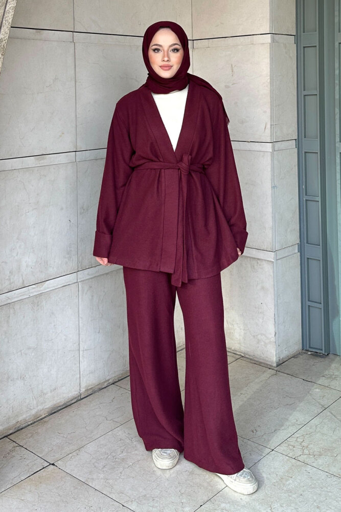Harmony Örme Kuşaklı Hırka Pantolon Takım - Bordo - 6