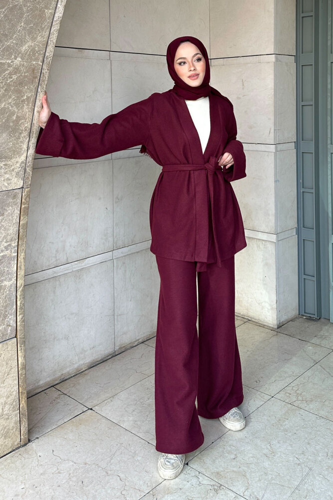 Harmony Örme Kuşaklı Hırka Pantolon Takım - Bordo - HENZA (3)