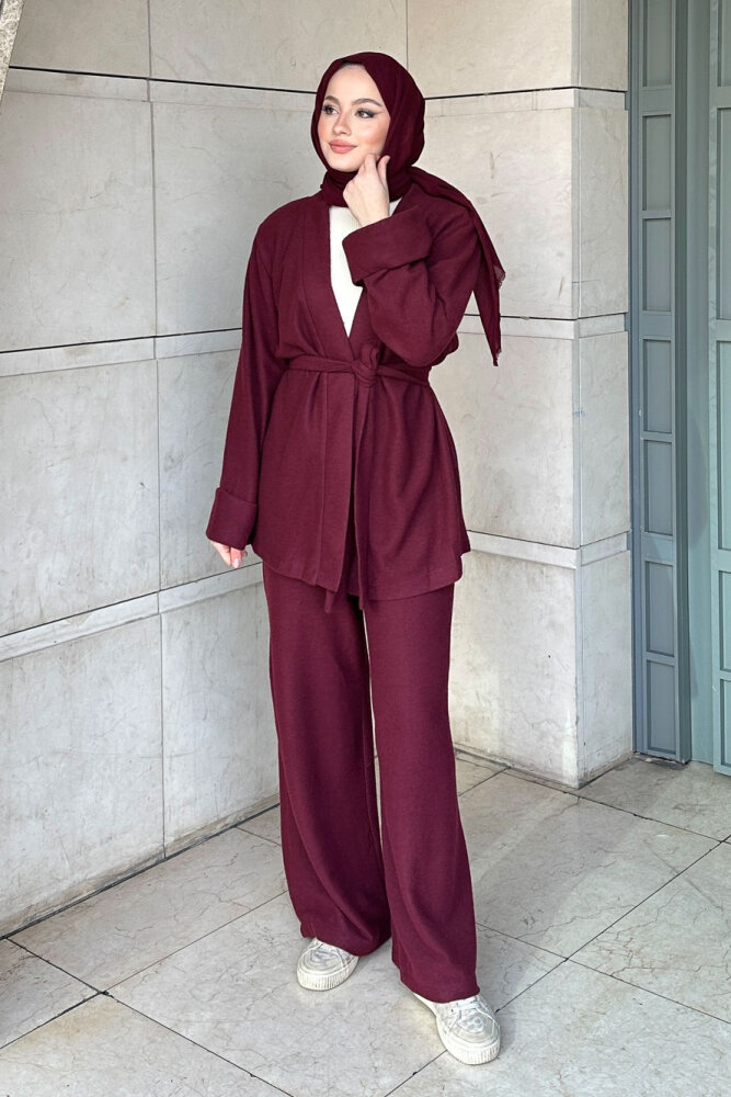 Harmony Örme Kuşaklı Hırka Pantolon Takım - Bordo - 3