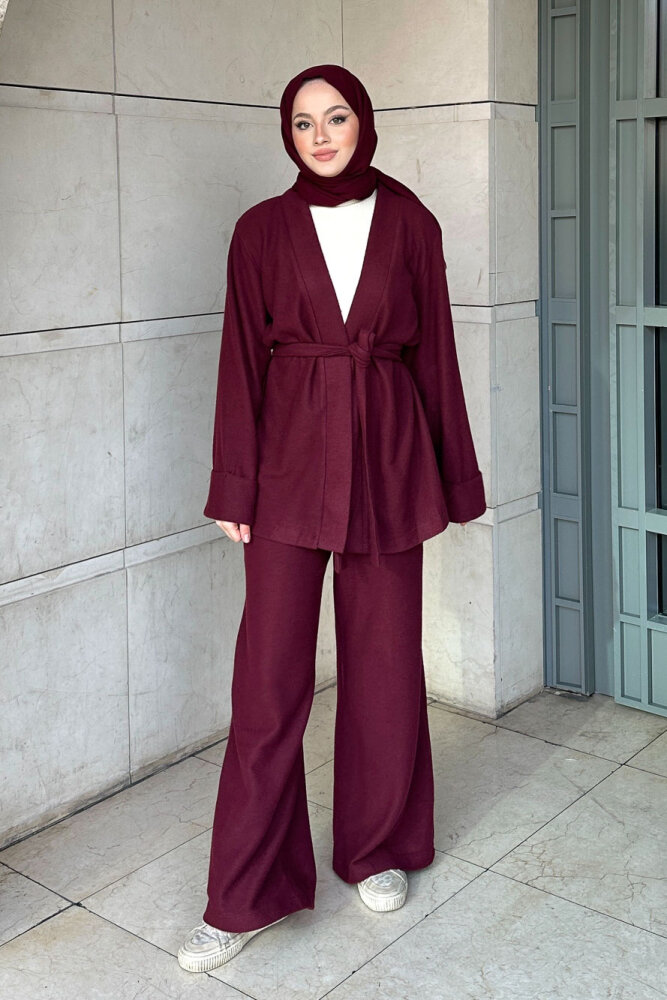 Harmony Örme Kuşaklı Hırka Pantolon Takım - Bordo - 1