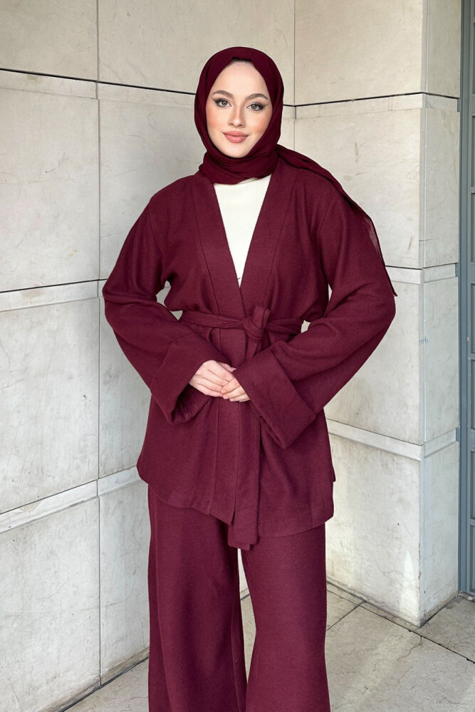 Harmony Örme Kuşaklı Hırka Pantolon Takım - Bordo - 7