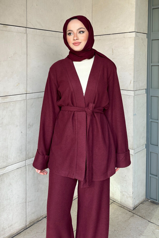 Harmony Örme Kuşaklı Hırka Pantolon Takım - Bordo - HENZA (1)