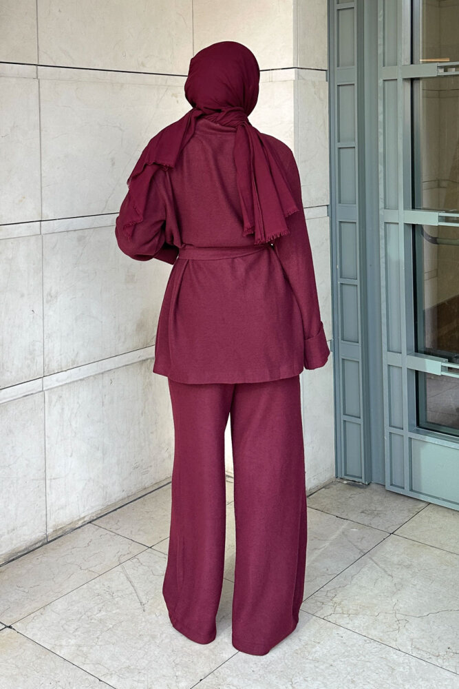 Harmony Örme Kuşaklı Hırka Pantolon Takım - Bordo - 8