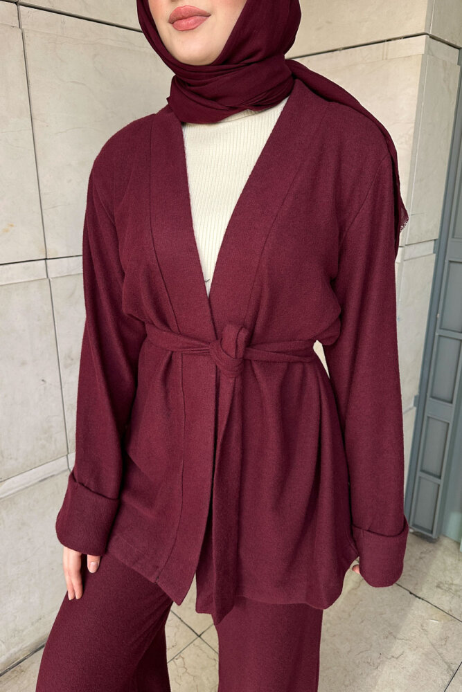 Harmony Örme Kuşaklı Hırka Pantolon Takım - Bordo - 5