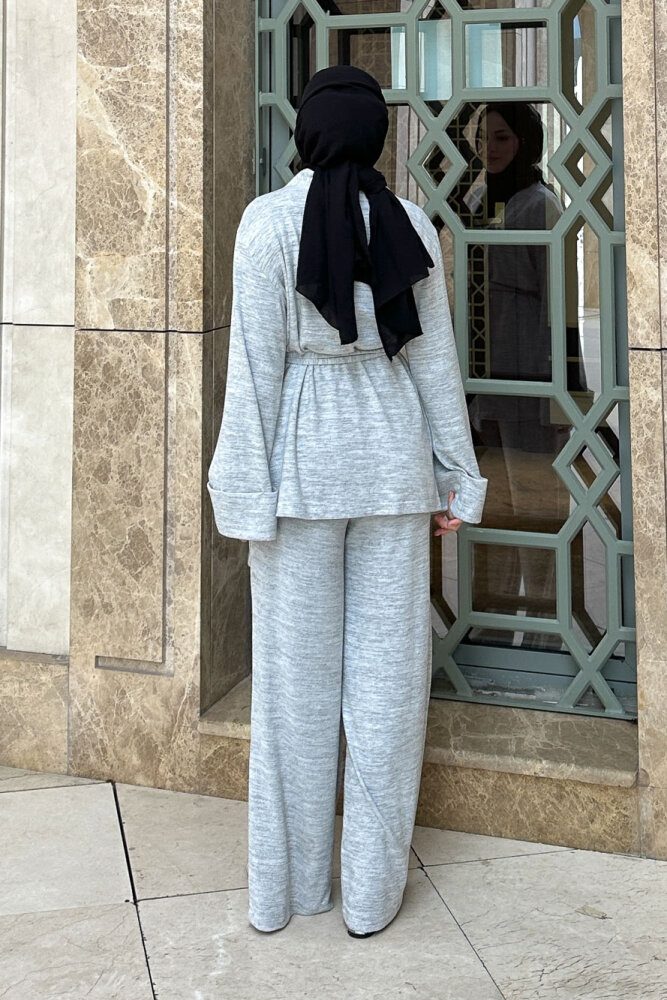 Harmony Örme Kuşaklı Hırka Pantolon Takım - Gri - 6