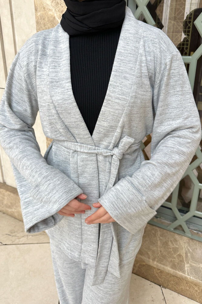 Harmony Örme Kuşaklı Hırka Pantolon Takım - Gri - 4