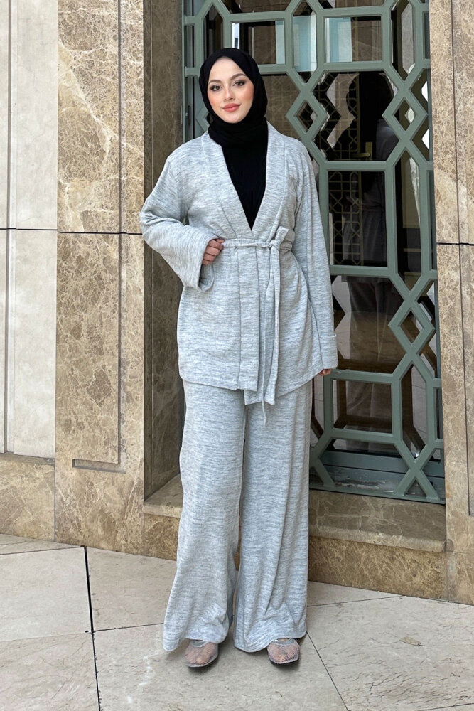 Harmony Örme Kuşaklı Hırka Pantolon Takım - Gri - 2