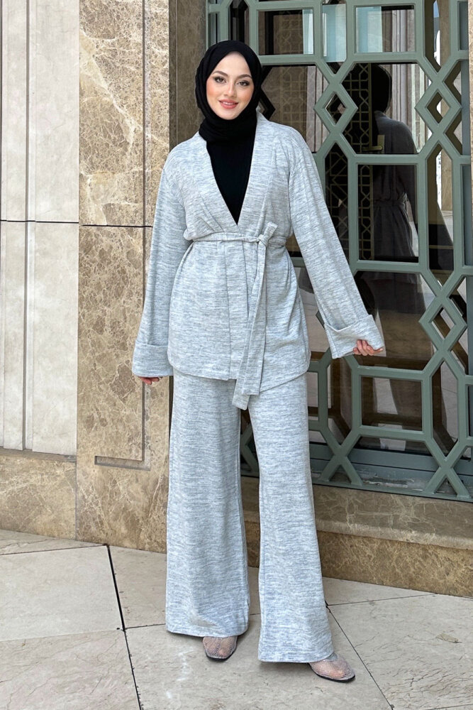 Harmony Örme Kuşaklı Hırka Pantolon Takım - Gri - 1
