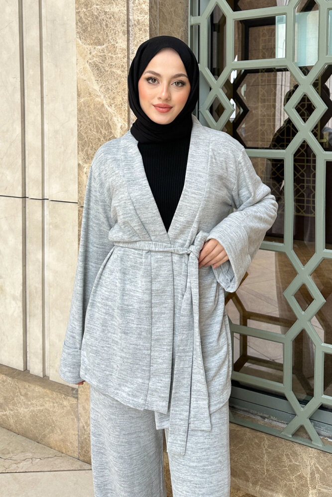 Harmony Örme Kuşaklı Hırka Pantolon Takım - Gri - 3