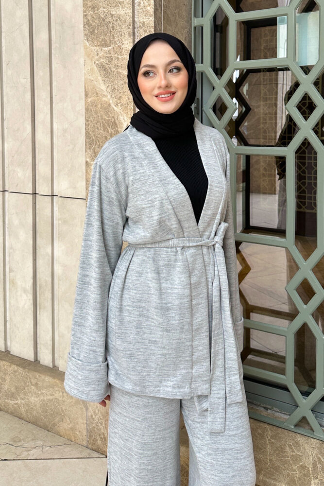 Harmony Örme Kuşaklı Hırka Pantolon Takım - Gri - HENZA (4)