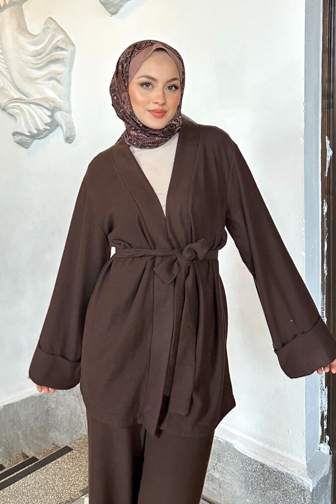 Harmony Örme Kuşaklı Hırka Pantolon Takım - Kahverengi - 2