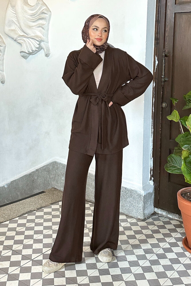 Harmony Örme Kuşaklı Hırka Pantolon Takım - Kahverengi - 3