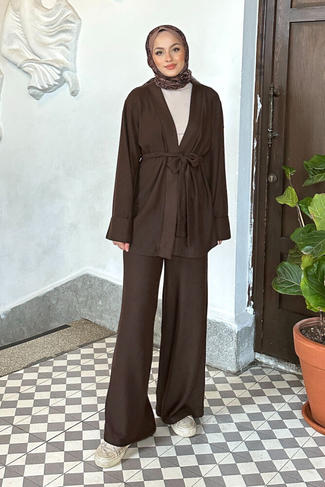 Harmony Örme Kuşaklı Hırka Pantolon Takım - Kahverengi - 1