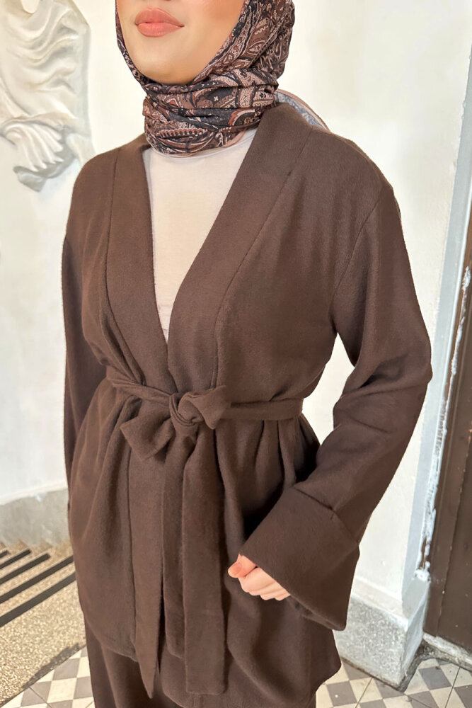 Harmony Örme Kuşaklı Hırka Pantolon Takım - Kahverengi - 5