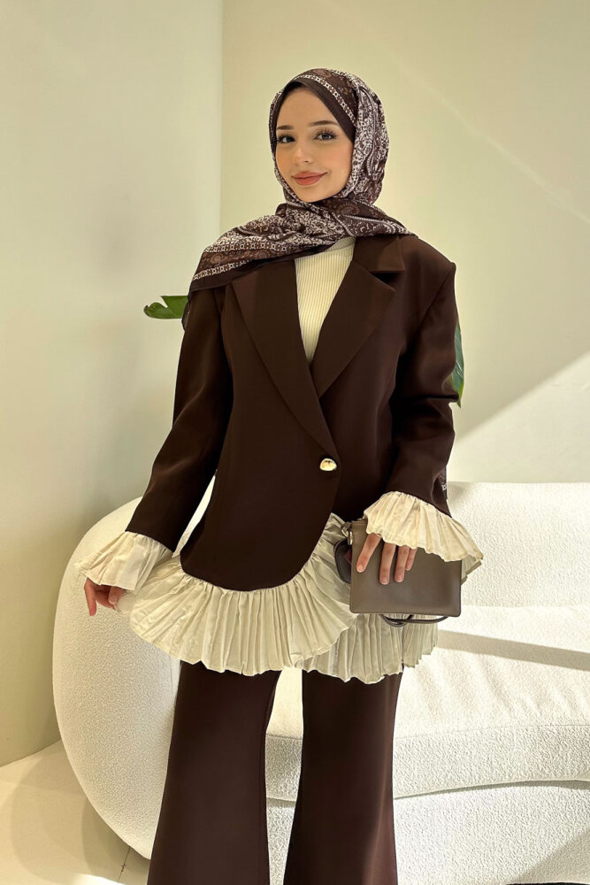 Hürrema Plise Garnili Takım - Kahverengi - 3