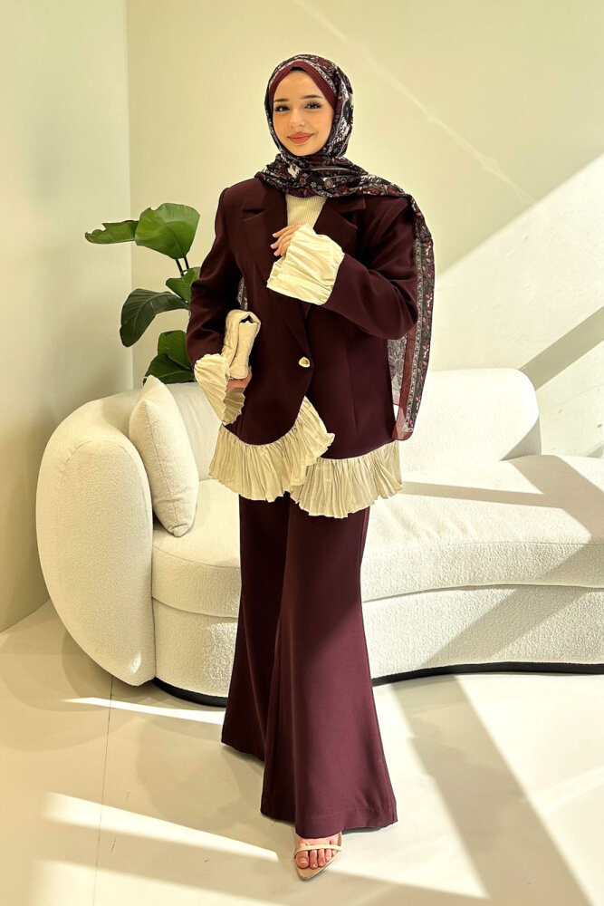 Hürrema Plise Garnili Takım - Mürdüm - 5