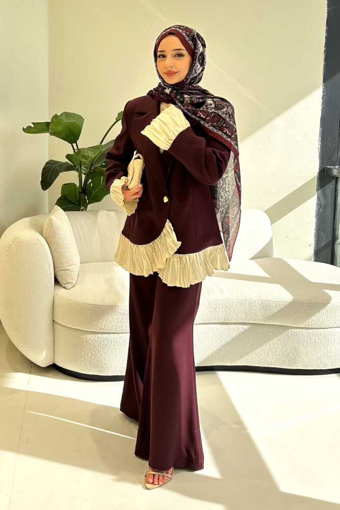 Hürrema Plise Garnili Takım - Mürdüm - 3