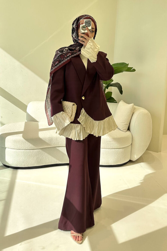 Hürrema Plise Garnili Takım - Mürdüm - 7