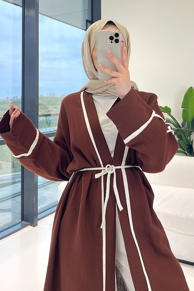 İbiza Biyeli Müslin Kimono - Kahverengi - 3