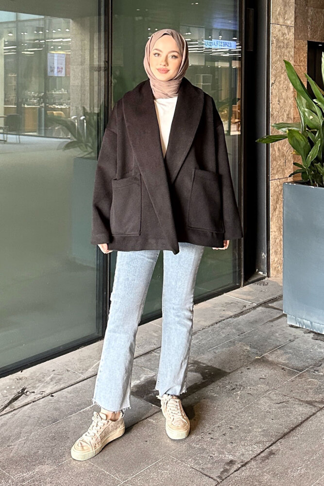 Iconic Kaşe Kısa Kaban - Siyah - 4