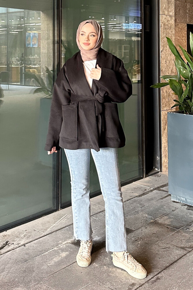 Iconic Kaşe Kısa Kaban - Siyah - 1