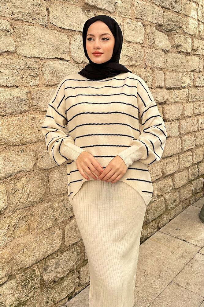 İki Parça Triko Elbise Takım - Bej-Siyah - HEWES (2)