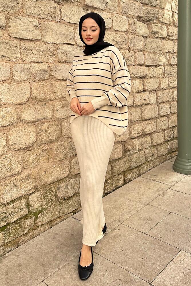 İki Parça Triko Elbise Takım - Bej-Siyah - HEWES (4)