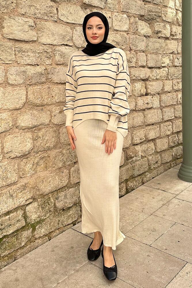 İki Parça Triko Elbise Takım - Bej-Siyah - HEWES (5)