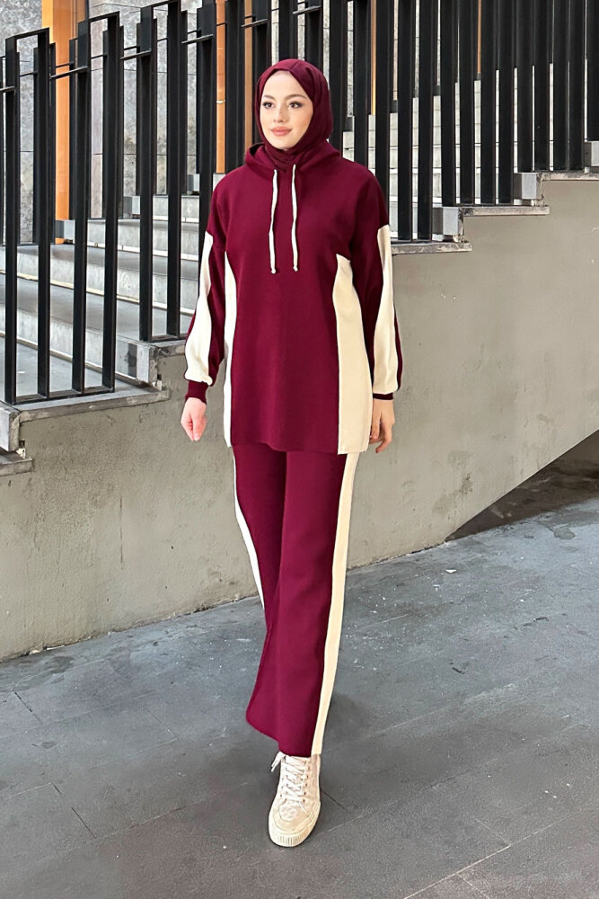 İki Renkli Triko Pantolon Takım - Bordo - 4