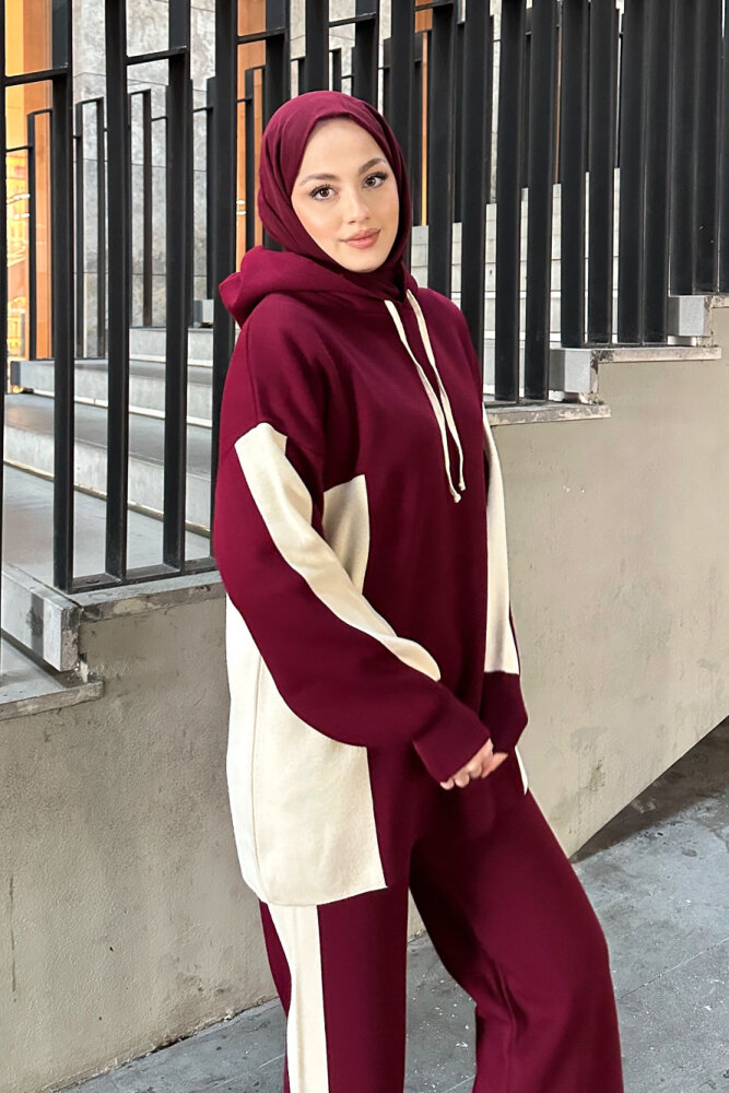 İki Renkli Triko Pantolon Takım - Bordo - 2
