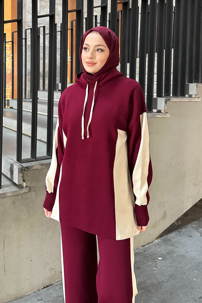 İki Renkli Triko Pantolon Takım - Bordo - 7
